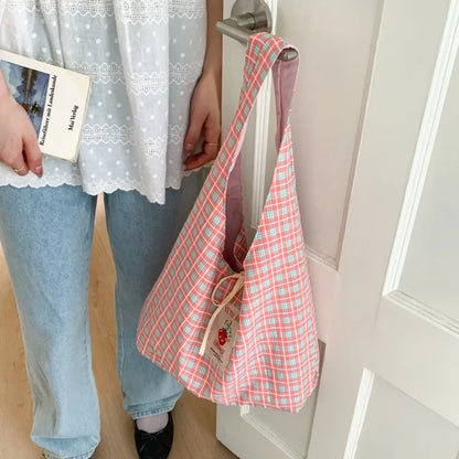 Cartoon Tomato Standard Plaid Vest Bag Large-Capacity Student Class Double-sided Backpack Fashionable Versatile Shoulder Bag