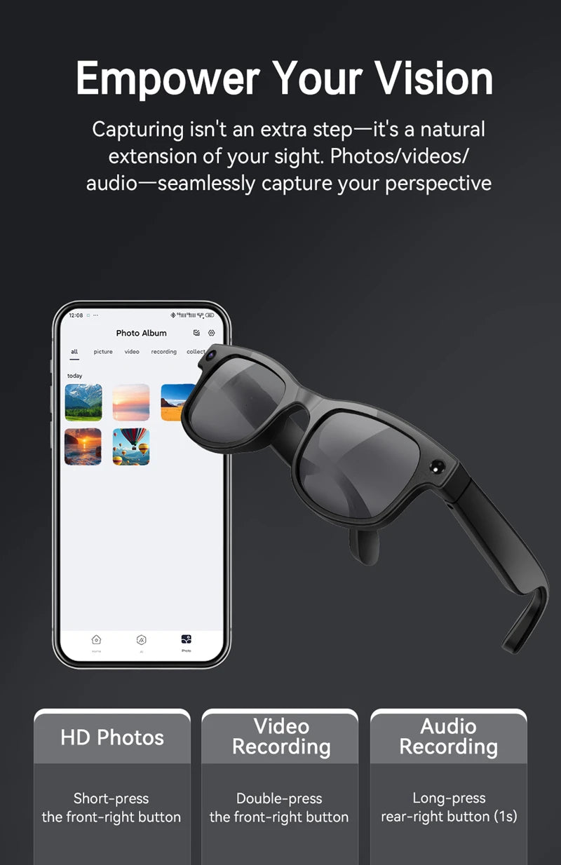 4K HD 800W Pixel Camera Smart Glasses Video Recording AI Photo Recognition Bluetooth Call Voice Translation Sunglasses
