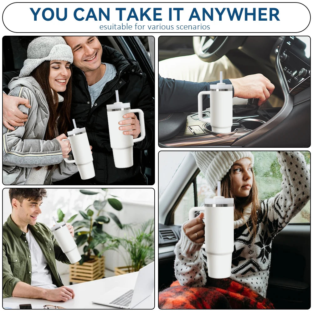 Luxury Garden Art Vacuum Flasks 40oz Stainless Steel Insulated Tumbler with Handle & Straw Leakproof Travel Mug