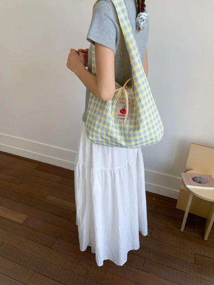 Cartoon Tomato Standard Plaid Vest Bag Large-Capacity Student Class Double-sided Backpack Fashionable Versatile Shoulder Bag