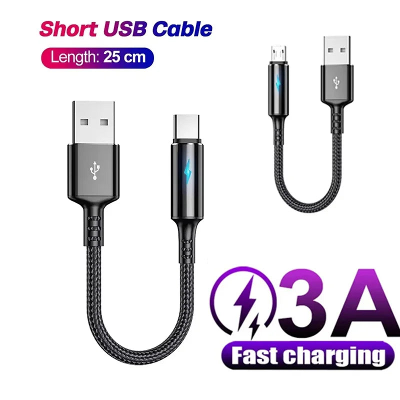 25cm Short Cable USB Type C Cable USB A To Micro USB 3A Fast Charging Cable For iPhone Xiaomi Huawei Mobile Phone Data Charger
