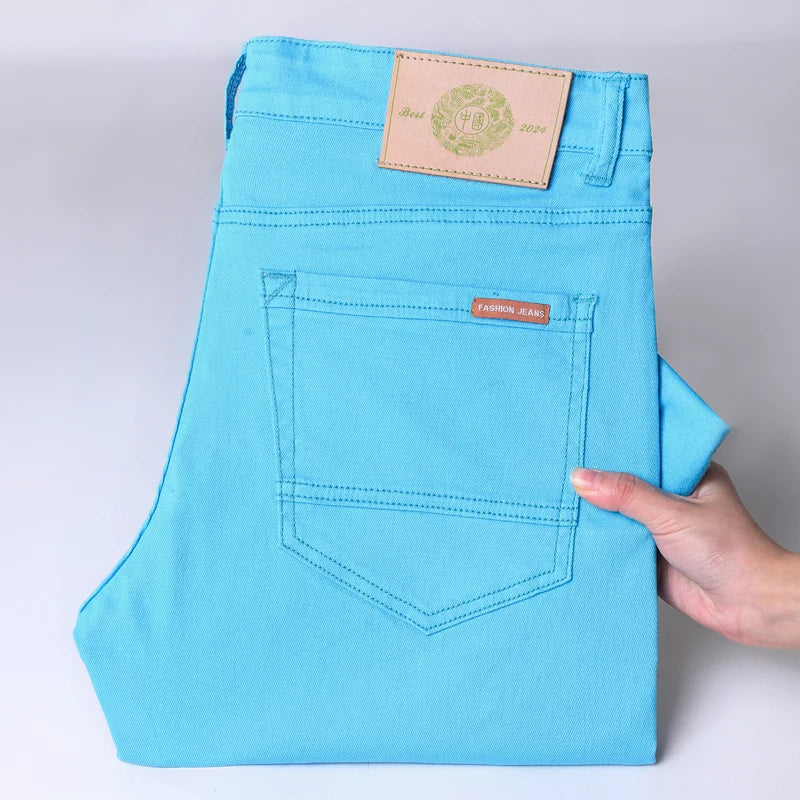 Men Classic Solid Color Fashion Jeans Business Casual Slim Fit Straight Elastic Pants Spring/Summer Thin Male High End Trousers