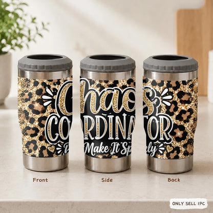 Mama Needs a Drink Leopard Vacuum Flasks 4-in-1 Stainless Steel Can Cooler Insulated Beer Soda Coffee Holder Dual Lids Fits 12oz