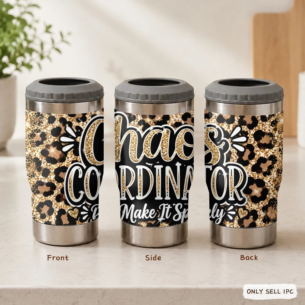 Mama Needs a Drink Leopard Vacuum Flasks 4-in-1 Stainless Steel Can Cooler Insulated Beer Soda Coffee Holder Dual Lids Fits 12oz
