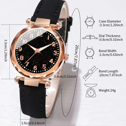 20266PCs/Set Women's Watch Fashion Digital Leather Quartz Watch with Unique Flower Jewelry Set