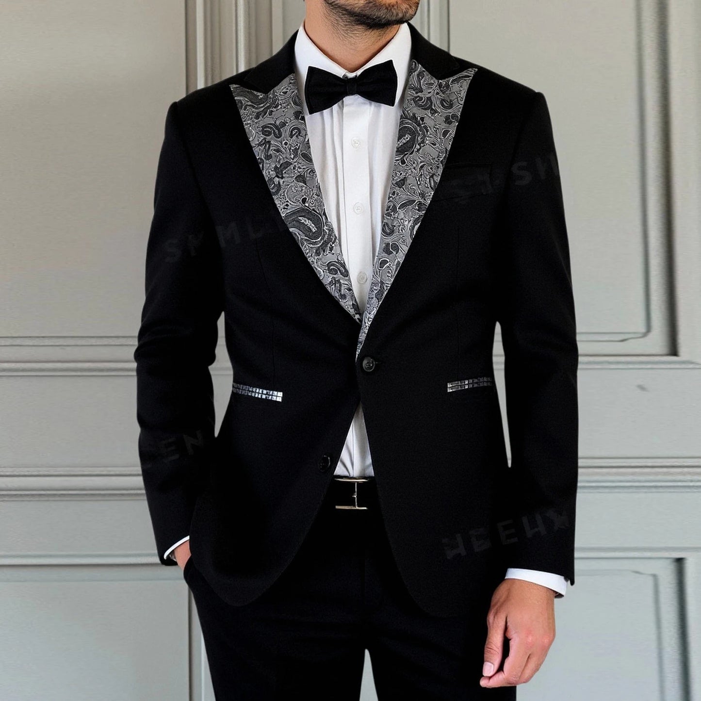 Men's Suit 2 Piece Set Floral Jacquard Tuxedo, Paisley Formal Blazer Jacket & Pants for Prom Banquet Wedding Dinner Party Black