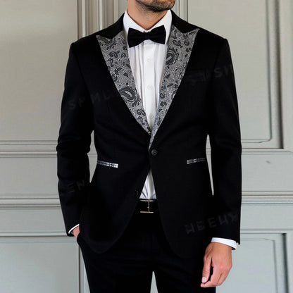 Men's Suit 2 Piece Set Floral Jacquard Tuxedo, Paisley Formal Blazer Jacket & Pants for Prom Banquet Wedding Dinner Party Black