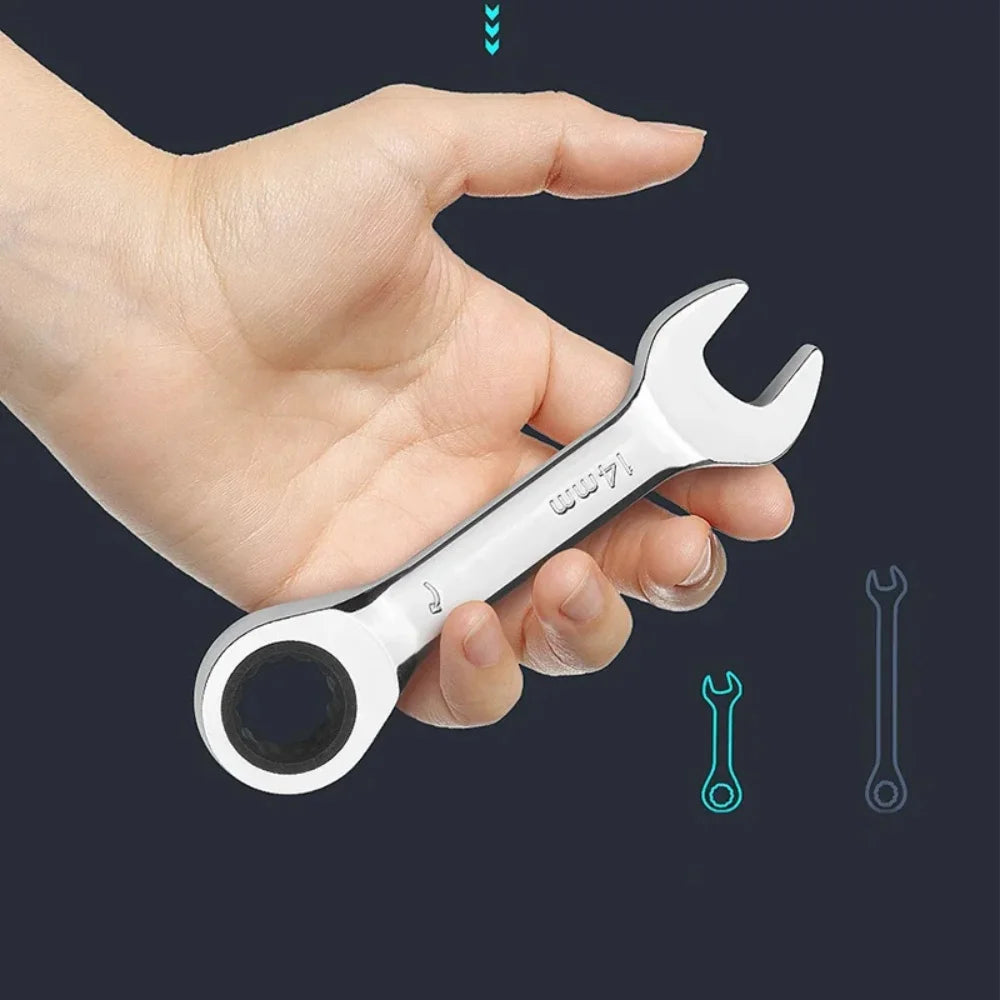 Short Handle Ratchet Spanner 6/7/8/9/10/11/12/13/14/15/16/17/18/19mm Fix Head Ratcheting Wrench Professional Spanner Hand Tools