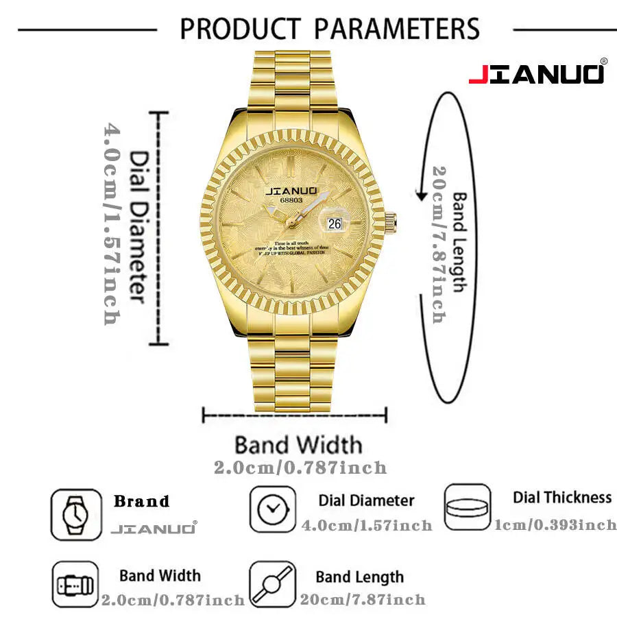 Luxury men's steel band watch calendar embossed atmosphere trend gold business quartz watch 2-piece set lion bracelet watch