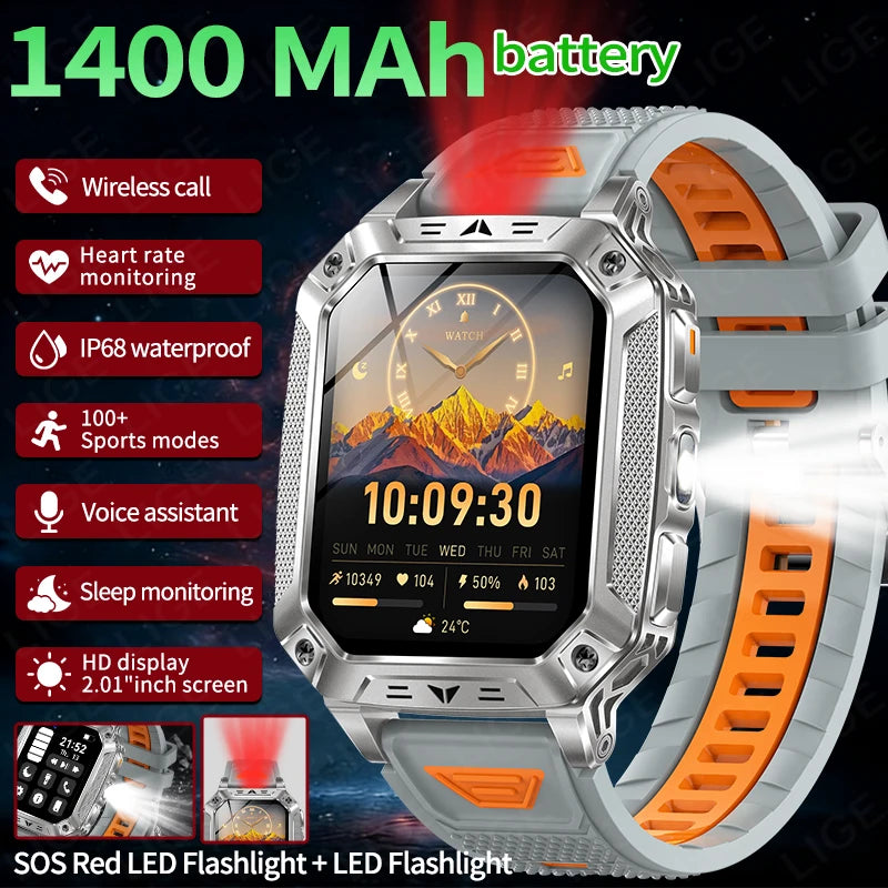LIGE Wojskowy Inteligentny Zegarek 2.01'' Ekran HD Outdoor Sportowy Męski Zegarek SOS Czerwony Alarm Migająca Latarka Monitor Zdrowia Smartwatch
