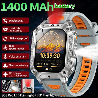 LIGE Wojskowy Inteligentny Zegarek 2.01'' Ekran HD Outdoor Sportowy Męski Zegarek SOS Czerwony Alarm Migająca Latarka Monitor Zdrowia Smartwatch