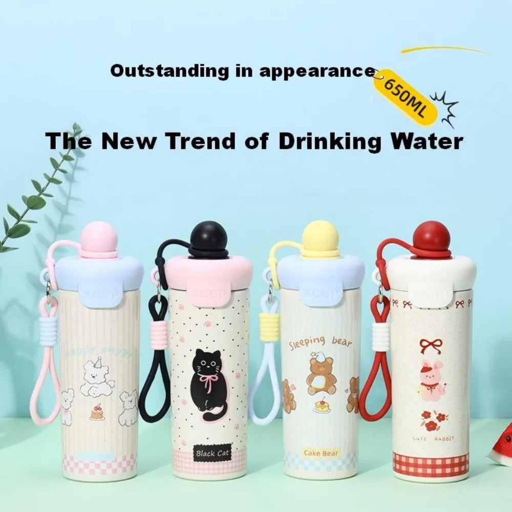 Cute Cat Thermal Water Bottle With Straw Bow Sticker Stainless Steel Thermos For Hot Cold Water Coffee Tea Thermal Cup 600ml