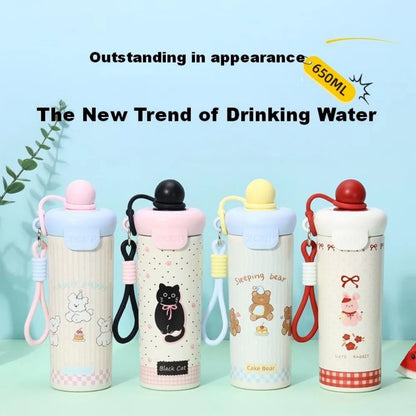 Cute Cat Thermal Water Bottle With Straw Bow Sticker Stainless Steel Thermos For Hot Cold Water Coffee Tea Thermal Cup 600ml
