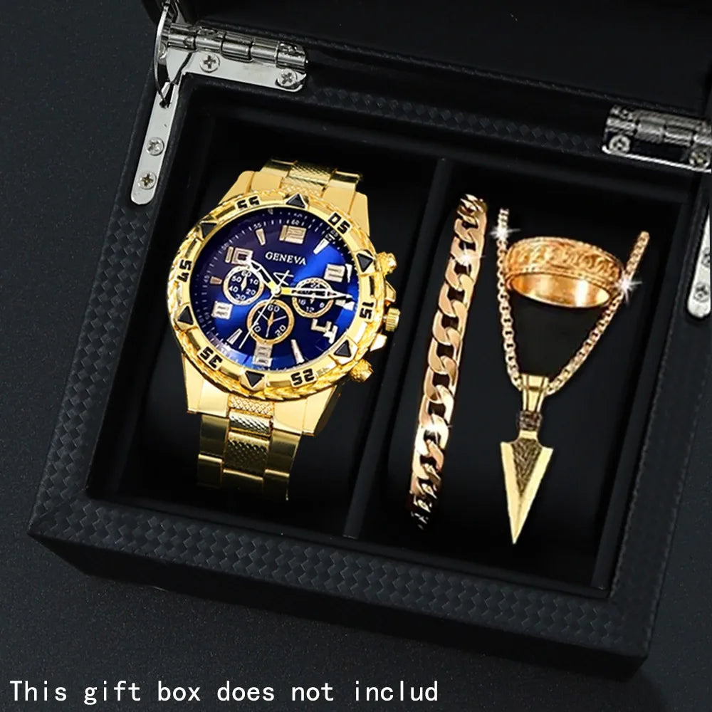 4 Pcs/Set Fashion Men's Watches  Alloy Men Quartz Wrist Watch Casual Business Mens Clock Necklace Bracelet Ring Set