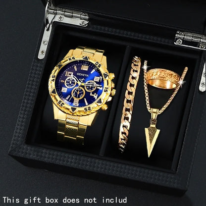 4 Pcs/Set Fashion Men's Watches  Alloy Men Quartz Wrist Watch Casual Business Mens Clock Necklace Bracelet Ring Set