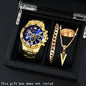 4 Pcs/Set Fashion Men's Watches  Alloy Men Quartz Wrist Watch Casual Business Mens Clock Necklace Bracelet Ring Set