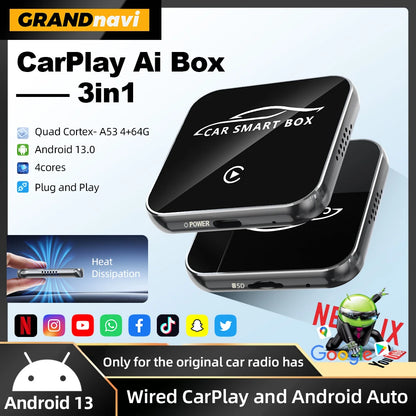 Grandnavi Android 13 3in1 CarPlay Ai Box Wireless Android Auto USB Adapter For Youtube Netflix Tiktok Universal AI Box Plug Play
