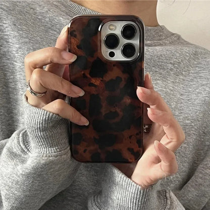 Retro Amber Texture Laser Phone Case For iPhone 17 16 Pro Max 15 14 13 12 11 XS XR 7 8 Plus 16E Stylish Leopard Print Soft 2030