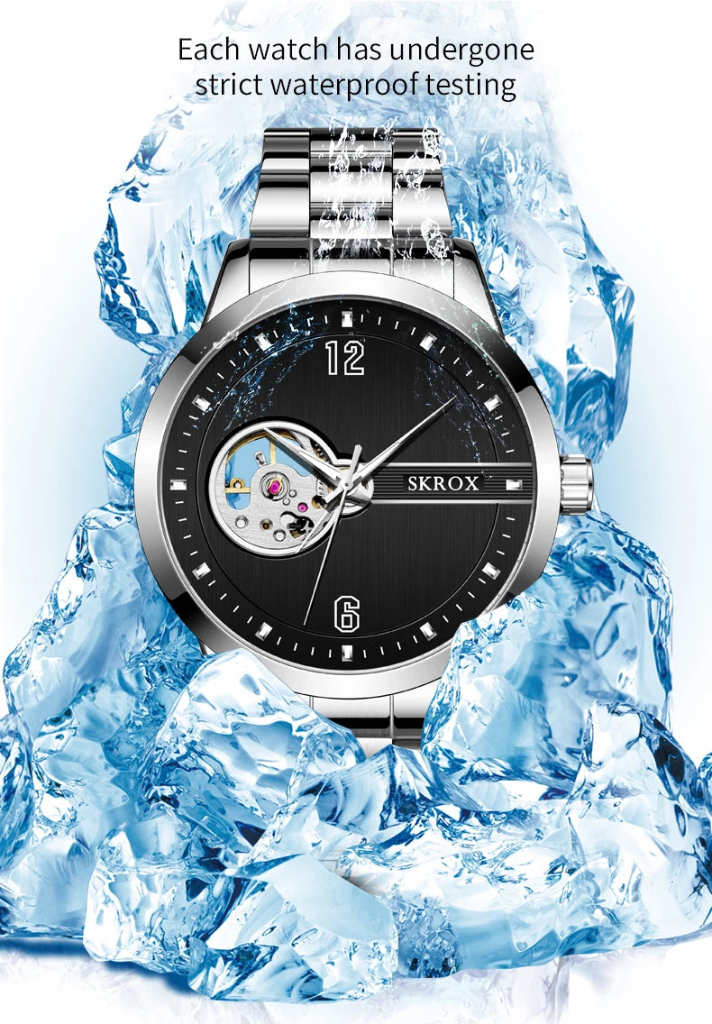 SKROX Original Luxury Brand Waterproof Tourbillon Automatic Clock Steel Skeleton Mechanical Man Watch Business Male Wristwatches