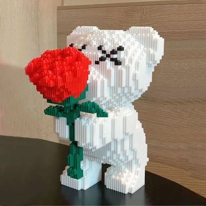 Cute Cartoon Pink Flower Teddy Bear Building Block Toy Educational Toy for Kids Couple Gift Desktop Decorations