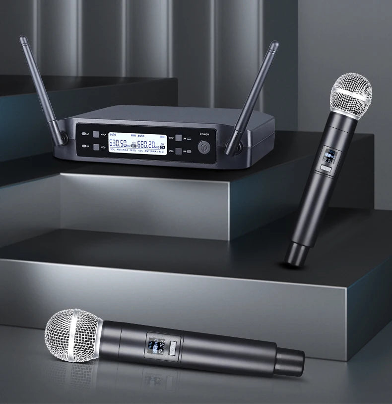 Wireless Microphone Handheld Dual Channels UHF Fixed Frequency Dynamic Mic For Karaoke Wedding Party Band Church Show