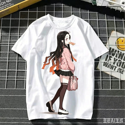 2026 Summer Demon Slayer Nezuko Cherry Blossom Butterfly Print Cotton T-Shirt Adult Kids Casual Loose Breathable Anime Tops Y2k