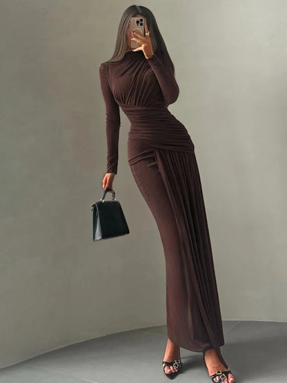Nibber Folds Maxi Dress Women o-Neck Full Sleeve Solid Banquet Elegant Vacation Fashion Autumn Skinny Casual Simple Vestidos