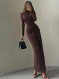 Nibber Folds Maxi Dress Women o-Neck Full Sleeve Solid Banquet Elegant Vacation Fashion Autumn Skinny Casual Simple Vestidos