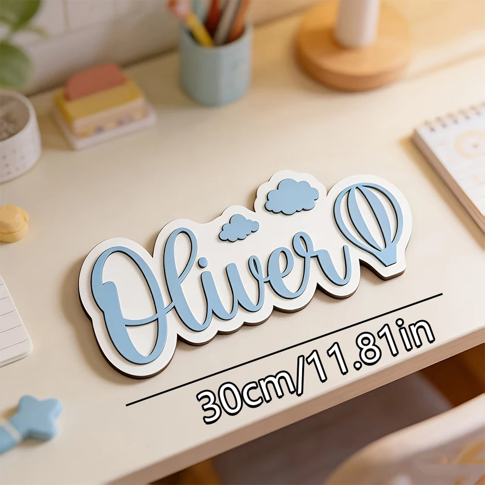 Custom Name Hot Air Balloon Cloud 3D Wooden Name Sign, Personalized Girl Nursery Wall Plaque, Kids Bedroom Table Decor