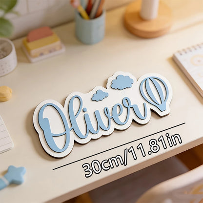 Custom Name Hot Air Balloon Cloud 3D Wooden Name Sign, Personalized Girl Nursery Wall Plaque, Kids Bedroom Table Decor