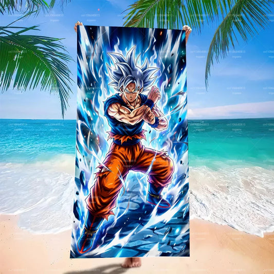 Dragon Ball Ultra Instinct Goku Beach Towel, Blue Ice Flame Anime Microfiber Quick Dry Absorbent Swim Towel for Fans