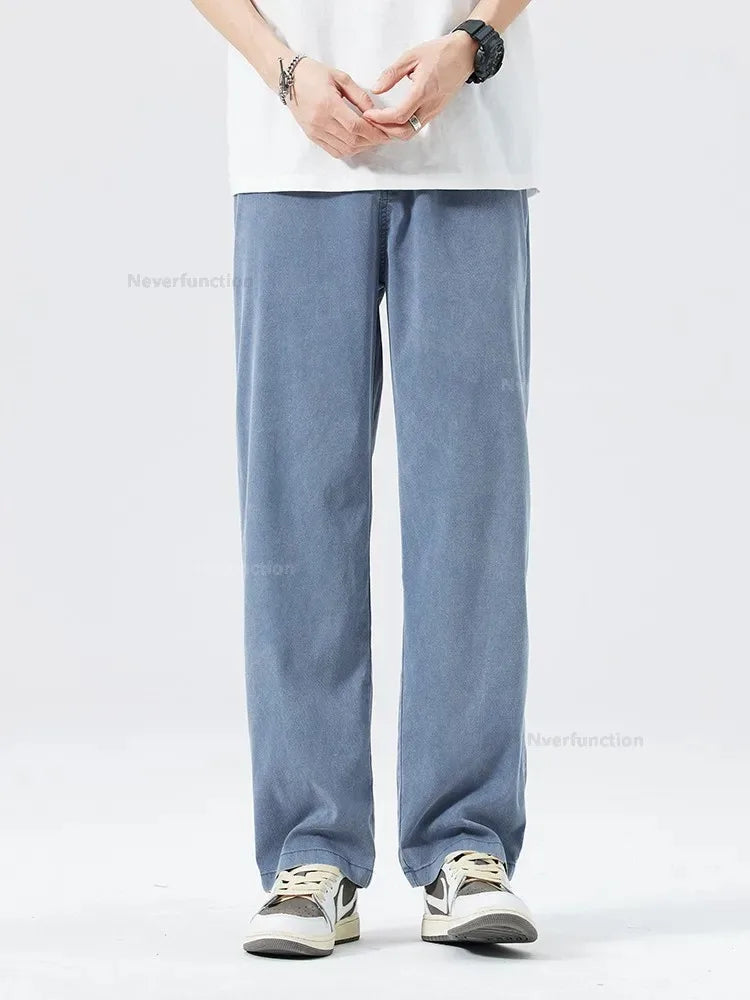 Ultra Thin Baggy Jeans Men's Summer New in Lyocell Soft Breathable Straight Trousers Elastic Waist Casual Blue Gray Wide Pants