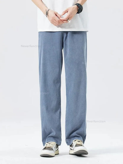 Ultra Thin Baggy Jeans Men's Summer New in Lyocell Soft Breathable Straight Trousers Elastic Waist Casual Blue Gray Wide Pants