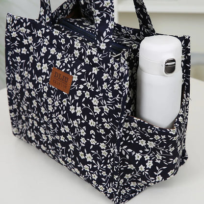 New floral print thickened fabric handbag, lunch bag, portable lunch box storage bag, zipper design, multifunctional tote