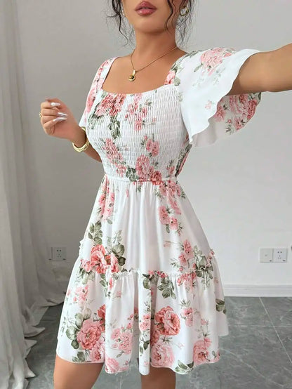 Women Floral Print Sashes Ruffle Hem Short Sleeve Casual Dress, Vacation Style Women's Evening Dresses