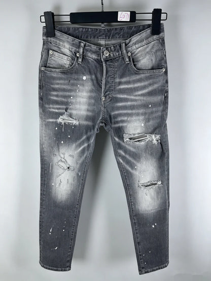 6060 Four Seasons New Men's Washed Ripped Patch Old Slim-fit Straight Black Jeans for Men