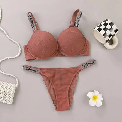 Victoria's Secret Lingerie Set Heart Pattern Trim Stretchy Breathable underwear Set Women's Sexy Lace Bralette Bra and Panty Set