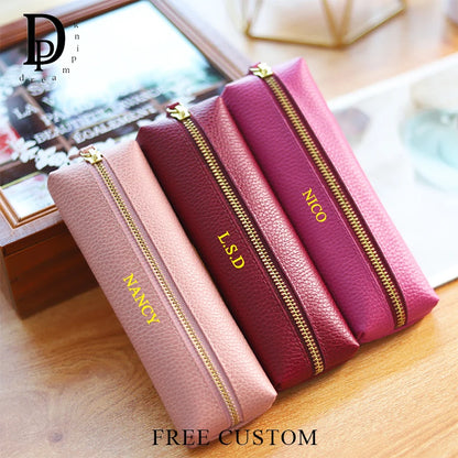 Custom Name Cow Leather Pencil Case Luxury Zipper Business Office Storage Bag Student Pen Bag Personalized Cosmetic Bags Gift