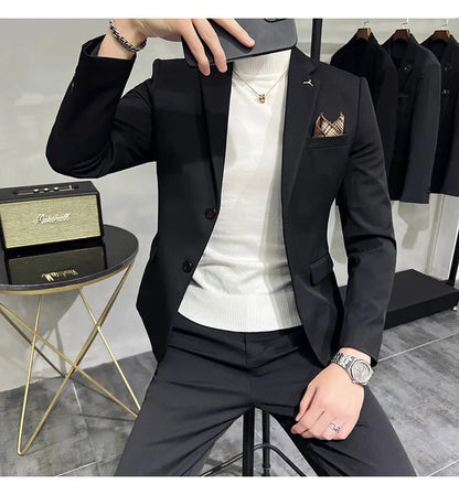 High quality Korean slim fit (suit + trousers) Fashion business handsome casual solid color wedding suit two-piece set