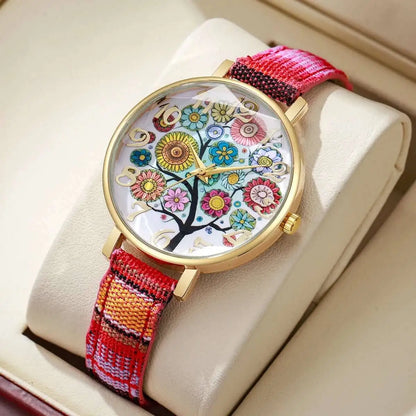 1/2/3/5PCS Fashion Women Watches Vintage Flowers Printed PU Strap Quartz Watch Reloj Mujer（Without Box）