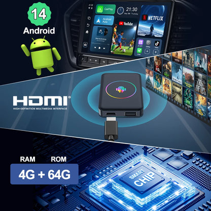 Android 14 4+64G Wireless CarPlay Ai Box Kowankit Smart HDMI Plug & Play 5 in 1 Android Auto Car Tv Box For YouTube Netflix 2026
