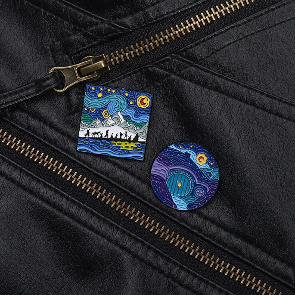 Blue Night Sky Oil Painting Enamel Pins Creative Cartoon Landscape Brooch Lapel Badges Animal Jewelry Gift for Friends