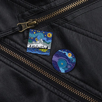 Blue Night Sky Oil Painting Enamel Pins Creative Cartoon Landscape Brooch Lapel Badges Animal Jewelry Gift for Friends