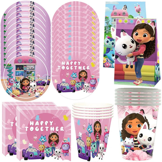 Gabby Dollhouse Birthday Party Supplies Plates Cups Tablecloth Napkins Gabby Cat Birthday Decoration Supply Kit Kids Party Favor