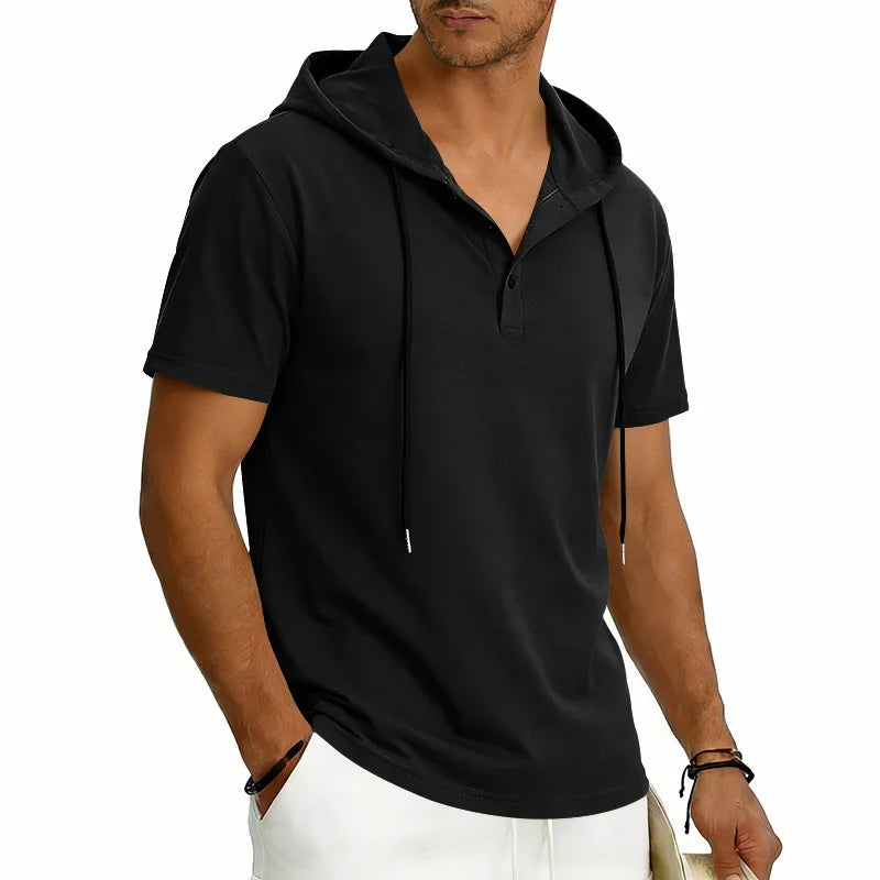 Summer Men's Short Sleeve Hooded T-Shirt Henry Neckline Drawstring Design Casual Loose Breathable Sporty Vest