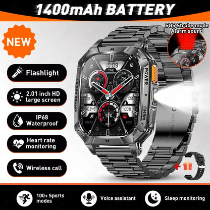 LIGE Military 1400mAh Smart Watch For Men 2.01" HD Screen Waterproof 100+Sports Mode LED Flashlight Smartwatch For Android iOS