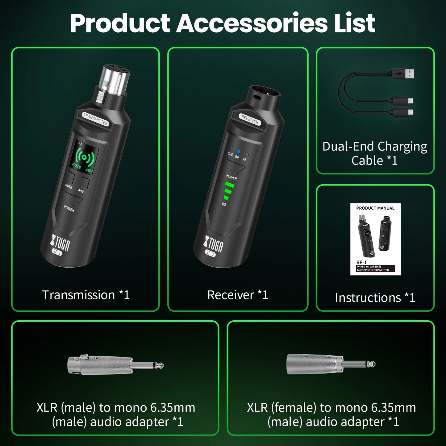 XTUGA UHF Professional Microphone Wireless Converter XLR Recharge Transmitter Receiver for Dynamic/Condenser Mic Audio Mixer