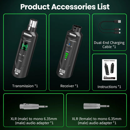 XTUGA UHF Professional Microphone Wireless Converter XLR Recharge Transmitter Receiver for Dynamic/Condenser Mic Audio Mixer