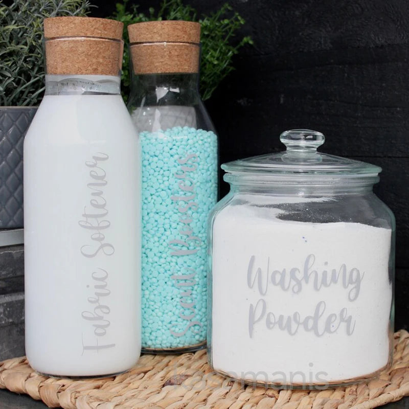 Laundry Room Organisation Labels Vinyl Sticker Decals Washing Powder Fabric Softener Storage Jar Tank Label Decal Decorative