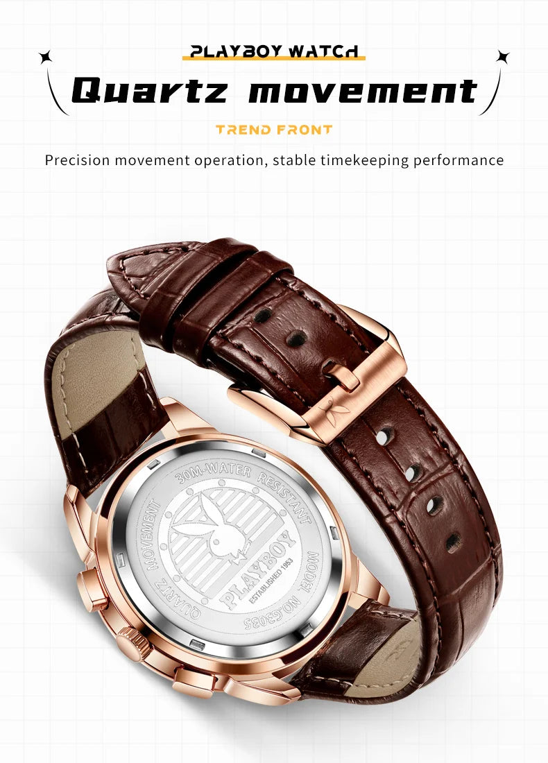 PLAYBOY 3035 Brand original authentic watches for man luxury Gift Box fashion Belt chronograph calendar quartz men's watch